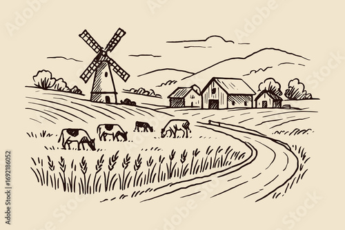 Countryside windmill farm field sketch thick line vector illustration