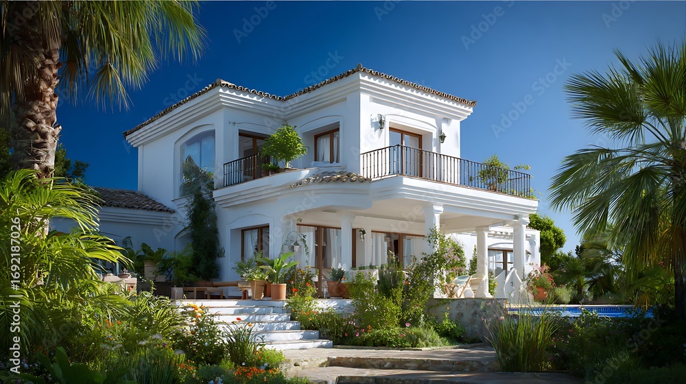 Fototapeta premium Luxury beach house architecture mediterranean style villa with outdoor space and palm tree views.