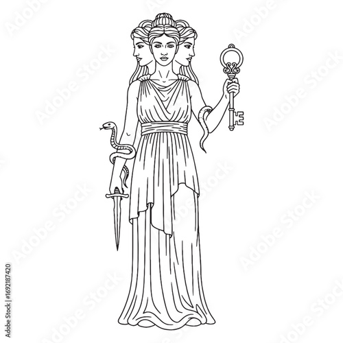 Symbolic Hecate Lineart – Hecate Vector Outline Drawing with Goddess of Crossroads Theme – Hecate Drawing – Vector of Hecate – Hecate Outline