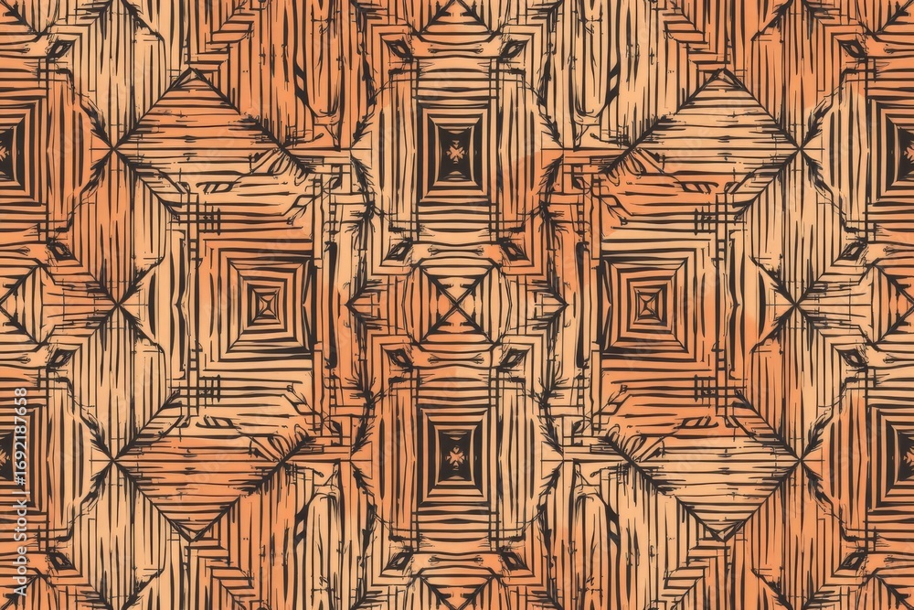 Fototapeta premium The image features a geometric pattern composed of interconnected shapes with a wood like texture in shades of brown