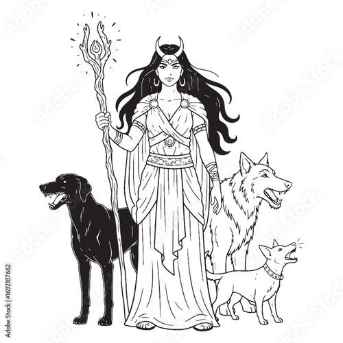 Divine Night Hecate Lineart – Hecate Vector Outline Drawing with Celestial Energy – Hecate Drawing – Vector of Hecate – Hecate Outline