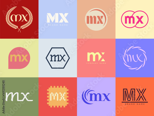 MX logo company template. Letter m and x logotype. Set different classic serif lettering and modern bold text with design elements. Initial font typography.