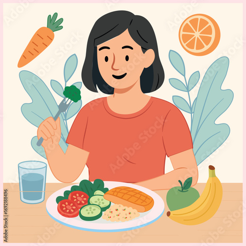 Illustration of a woman eating healthy food with vegetables, fruit, and drinks, depicting a healthy lifestyle and a balanced nutritional diet.