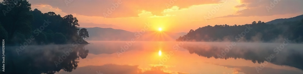 Fototapeta premium Serene sunrise illuminates a tranquil landscape, mist rising gently from a still lake, reflecting the golden light; a peaceful scene ideal for meditation and mindfulness , energy, calm