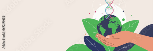 Earth with DNA helix in human hand, vector banner illustration with copy space
