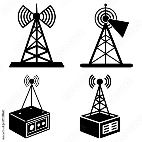 Illustration of four communication towers with different antenna designs and base structures shown in black