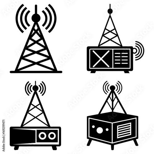 Illustration showing four different radio tower designs with antennas and signal waves in black and white