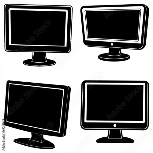 Four black and white computer monitors in varying perspectives on a white background design layout