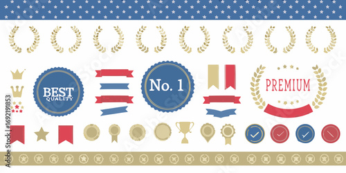 Collection of awards ribbons badges laurels crowns and trophies for recognition and achievement