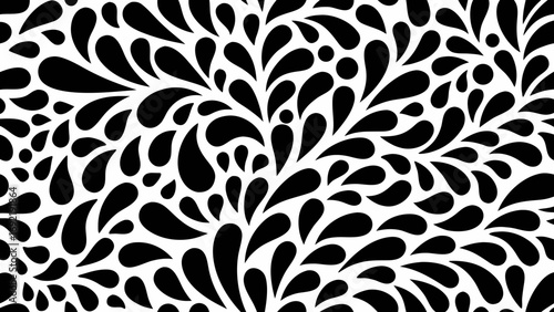 Abstract black and white organic shapes pattern background with repeating teardrop and circle motifs