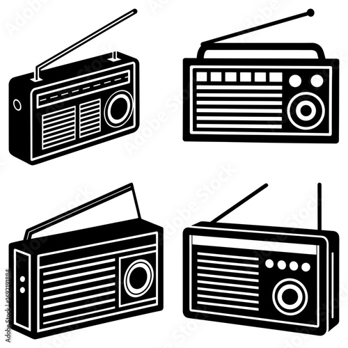 Four vintage radios with antennas and speakers displayed in a monochrome illustration style format