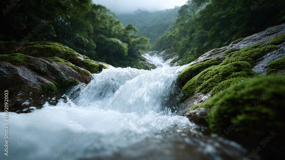 Fototapeta premium Serene mountain stream cascading over mosscovered rocks. Represents tranquility, natures power, and pristine environments. Ideal for travel, wellness, environmental themes.