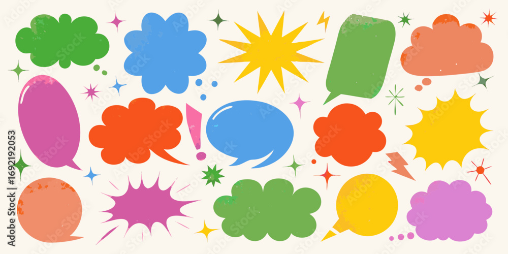 Fototapeta premium Collection of colorful retro speech bubbles and comic style elements on a cream background