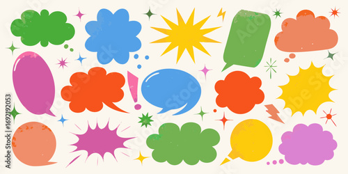 Collection of colorful retro speech bubbles and comic style elements on a cream background