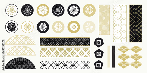 Collection of japanese inspired decorative elements and patterns in black gold and cream colors