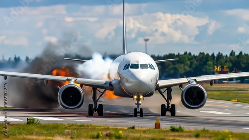 Airplane on fire during landing at airport runaway. Emergency situation. Dramatic scene