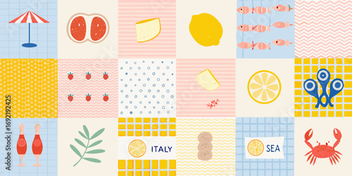 Whimsical collage of summer food beach and italian themed elements in a grid pattern