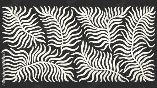 Abstract minimalist white fern leaves pattern on textured dark background