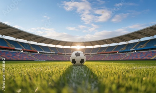 Empty soccer stadium at sunset, a single ball on the field