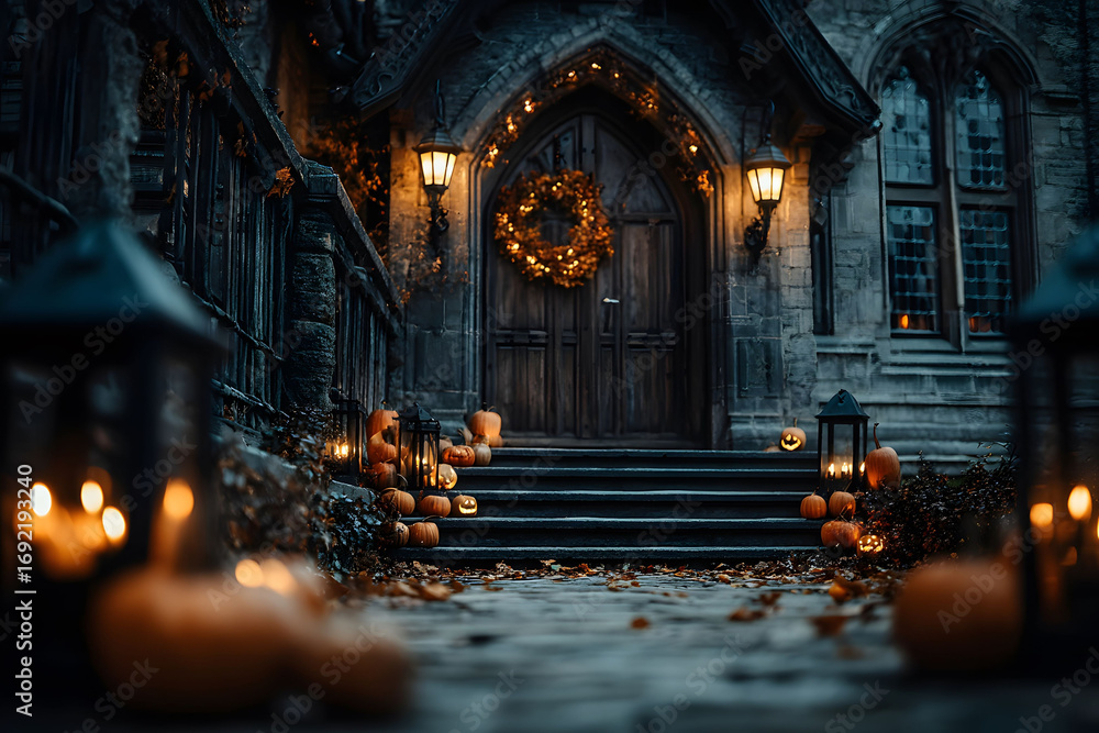 Fototapeta premium Gothic Halloween Entryway with Pumpkins and Lanterns for Seasonal Decor