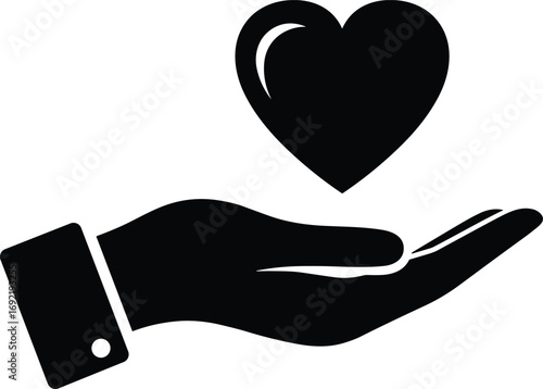 Hand holding heart silhouette, black vector illustration symbolizing love, care, support, kindness, charity, emotional connection, and compassion