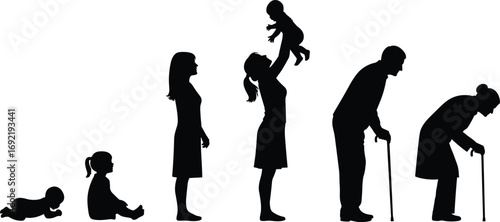 Human life stages silhouette from infancy to old age, black vector illustration symbolizing growth, aging, development, and generational transition
