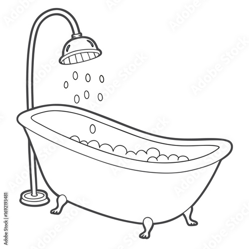 It’s a simple black‑and‑white line drawing of a vintage clawfoot bathtub with a curved shower pipe and showerhead above it, water droplets falling into the tub, which is partly filled with bubbles.