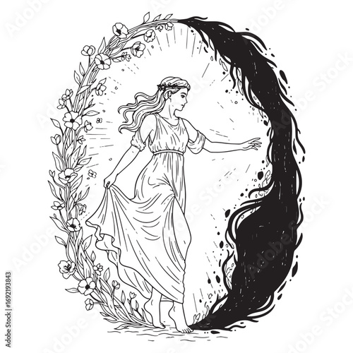 Queen Persephone Lineart – Persephone Vector Illustration with Mythical Underworld Theme – Persephone Drawing – Line Art Drawing of Persephone – Persephone Icon