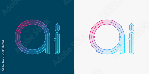 Artificial intelligence logo, chip, icon, sign in the flat line design style. Digital circuit board concept technology artwork for poster, cover, web banner, card. AI futuristic vector.