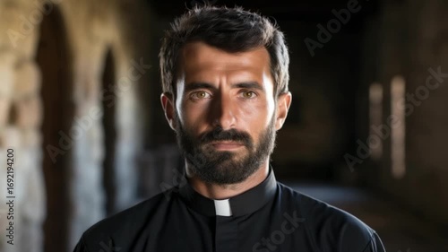 Portrait of a man in a black robe standing in a historic stone hallway in broad daylight