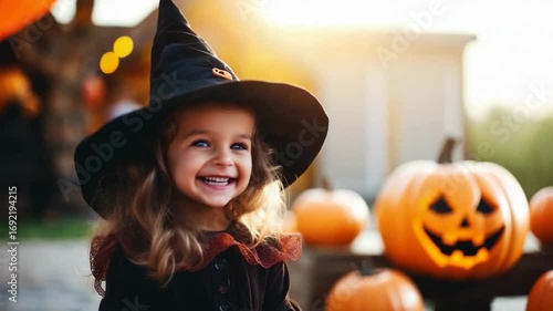 Young girl wearing witch hat enjoys autumn festival with pumpkins and decorations in the background