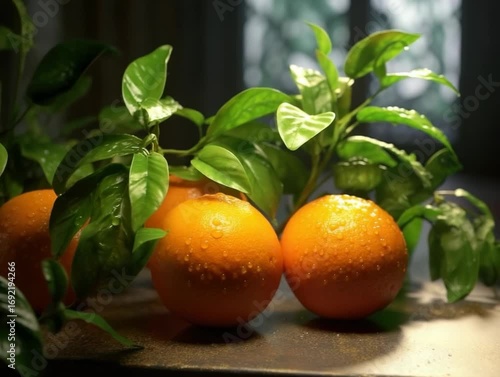 Fresh oranges and leafy greens in a sunlit kitchen capturing the essence of natural beauty and healthy living