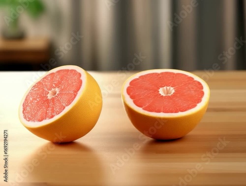 Freshly sliced grapefruit halves reveal juicy pink flesh for a refreshing breakfast treat