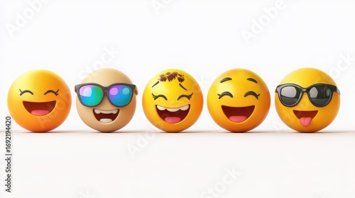 Group of funny emoji faces with different expressions isolated on white background, social media concept