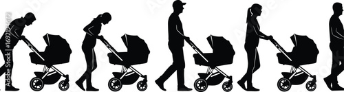 Silhouettes of adults pushing baby strollers across life stages, black vector illustration symbolizing caregiving, aging, family roles, and progression