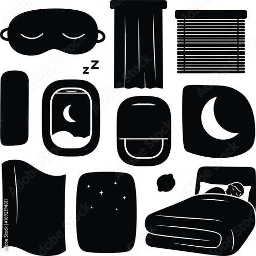 Set of sleeping and relaxation vector illustrations, icons of nighttime and bedding.