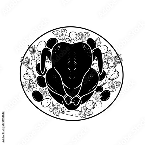Vector art of overhead shot of a roasted turkey on a platter with vegetables, perfect for thanksgiving or christmas dinner