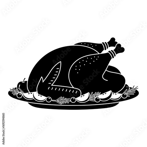 Vector art of roasted turkey on a platter with apple slices, a classic thanksgiving or christmas centerpiece for a festive meal