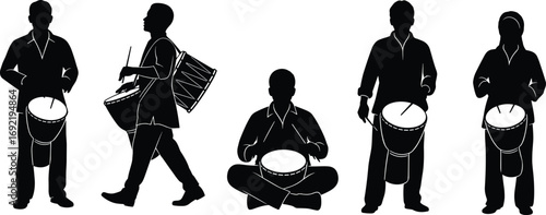 Silhouettes of people playing drums in various poses, black vector illustration representing rhythm, culture, music performance, and percussion art