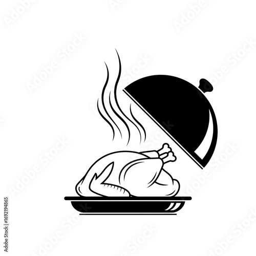 Vector art of steaming roasted turkey under a serving dome, perfect for thanksgiving or christmas dinner presentation