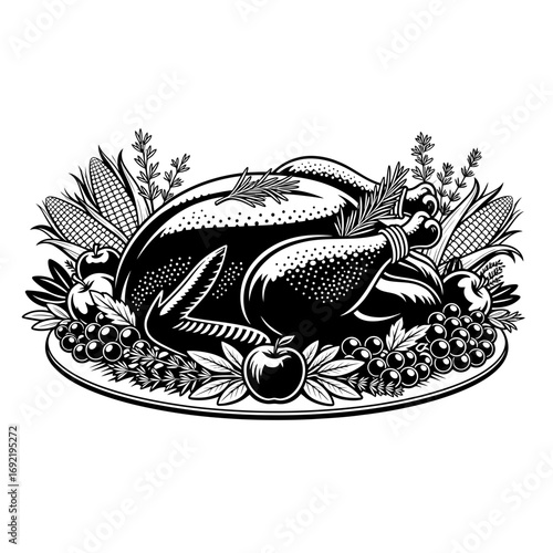 Illustration of a roasted turkey on a platter, , adorned with fruits and herbs for a festive thanksgiving feast