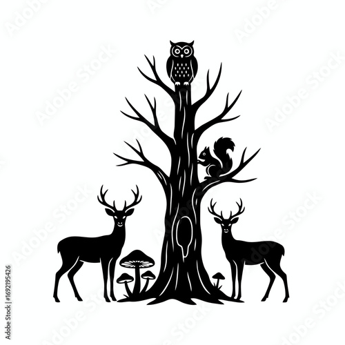 Vector art of silhouette of a tree with an owl, squirrel, and two deer a charming woodland scene in black and white