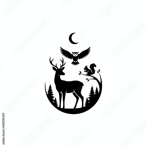 Vector art of silhouette of a deer, owl, and squirrel under a crescent moon a magical woodland scene in black and white