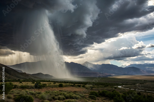 Dramatic Cloudburst Over Mountain Landscape with Heavy Rainfall