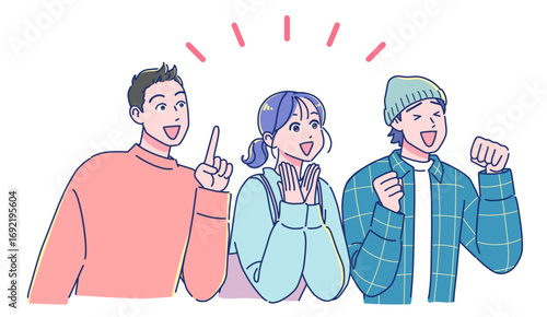 斜め上を見て感激するアニメ調の若い男女