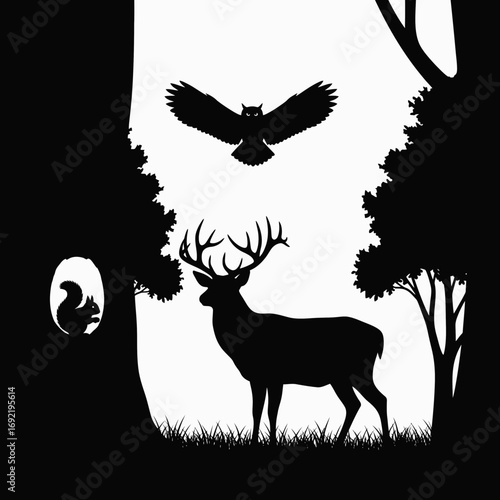 Vector art of silhouette of a deer standing in a forest with a squirrel in a tree and an owl flying above