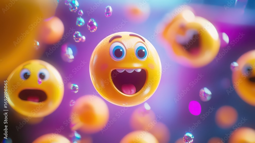 Naklejka premium A yellow emoji ball with open mouth and big eyes floating in a purple and blue bubble background