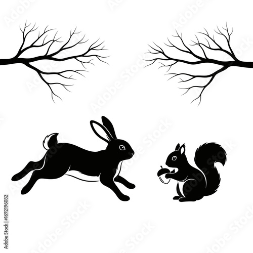 Vector art of silhouette of a rabbit running towards a squirrel holding an acorn under bare trees, , in black and white style