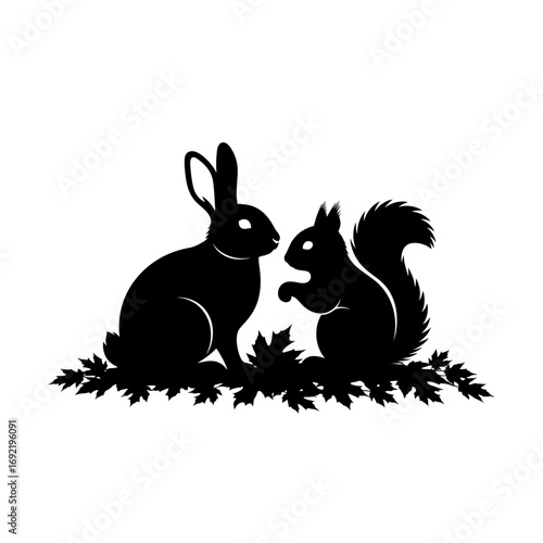 Vector art of silhouette of a rabbit and a squirrel sitting together on a bed of leaves, , in black and white style