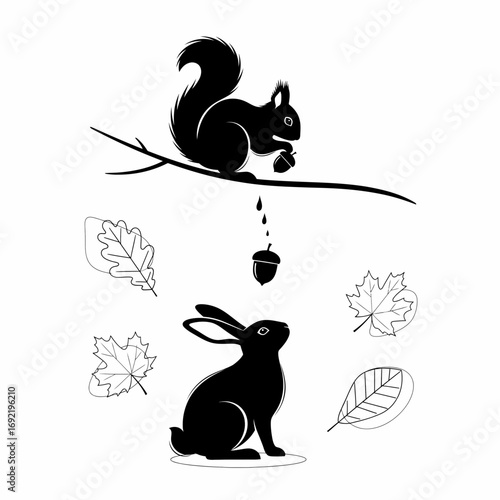 Illustration of a squirrel dropping an acorn on a rabbit, the squirrel is on a branch
